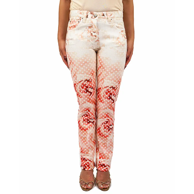 38 NEW $1155 ROBERTO CAVALLI Pink FLORAL POLKA DOT Skinny Spring JEANS PANTS XS