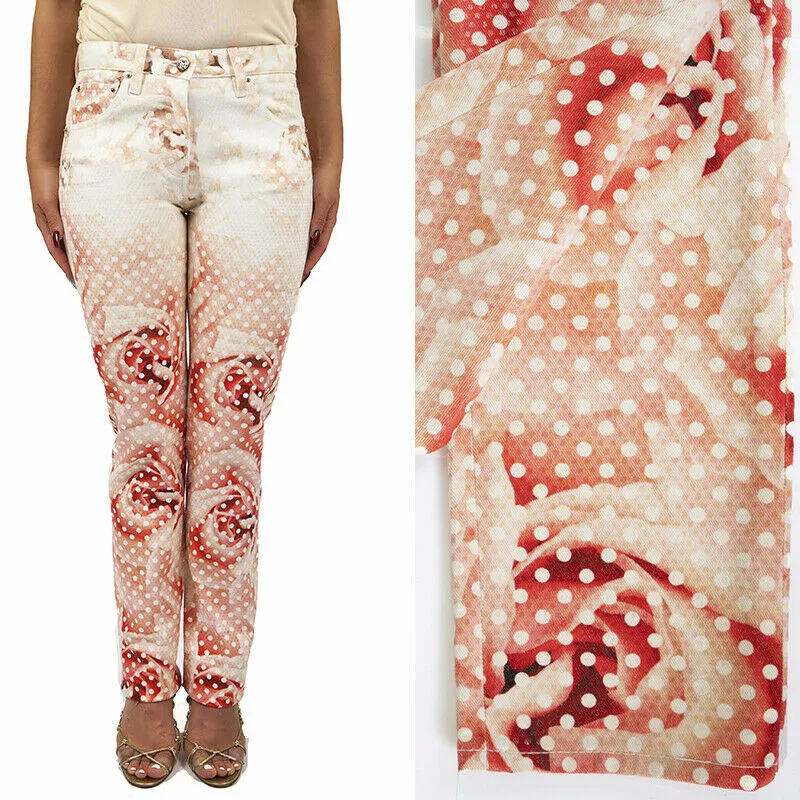 38 NEW $1155 ROBERTO CAVALLI Pink FLORAL POLKA DOT Skinny Spring JEANS PANTS XS