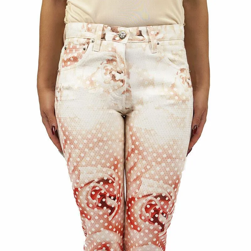 38 NEW $1155 ROBERTO CAVALLI Pink FLORAL POLKA DOT Skinny Spring JEANS PANTS XS