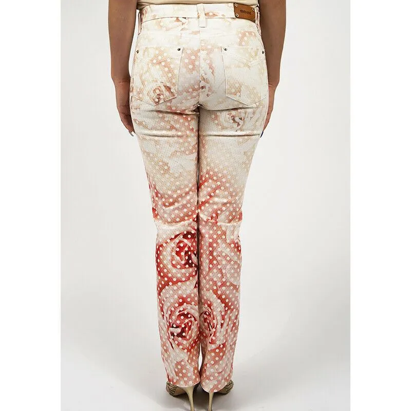 38 NEW $1155 ROBERTO CAVALLI Pink FLORAL POLKA DOT Skinny Spring JEANS PANTS XS