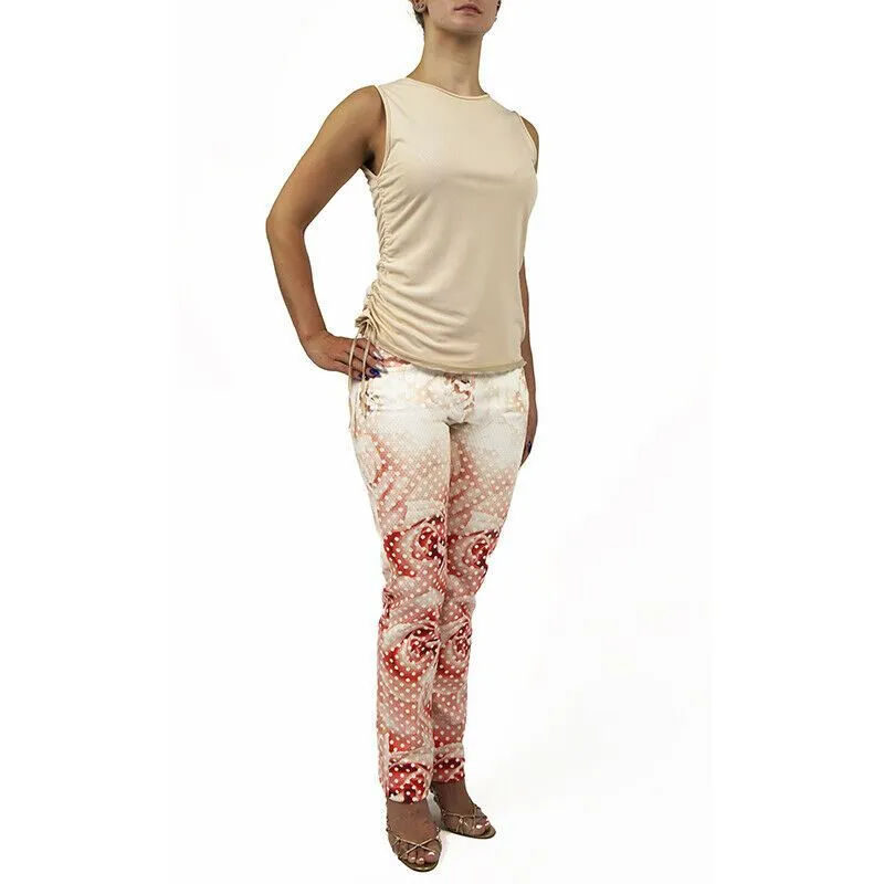 38 NEW $1155 ROBERTO CAVALLI Pink FLORAL POLKA DOT Skinny Spring JEANS PANTS XS