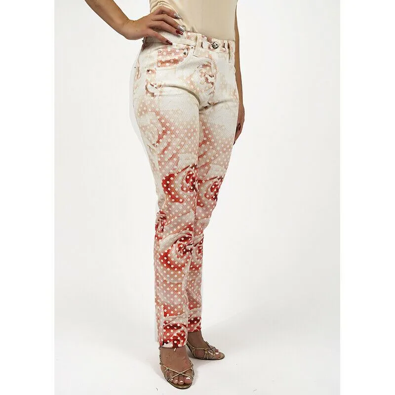 38 NEW $1155 ROBERTO CAVALLI Pink FLORAL POLKA DOT Skinny Spring JEANS PANTS XS