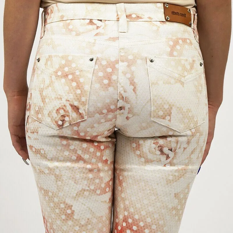38 NEW $1155 ROBERTO CAVALLI Pink FLORAL POLKA DOT Skinny Spring JEANS PANTS XS