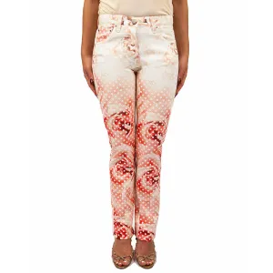 38 NEW $1155 ROBERTO CAVALLI Pink FLORAL POLKA DOT Skinny Spring JEANS PANTS XS