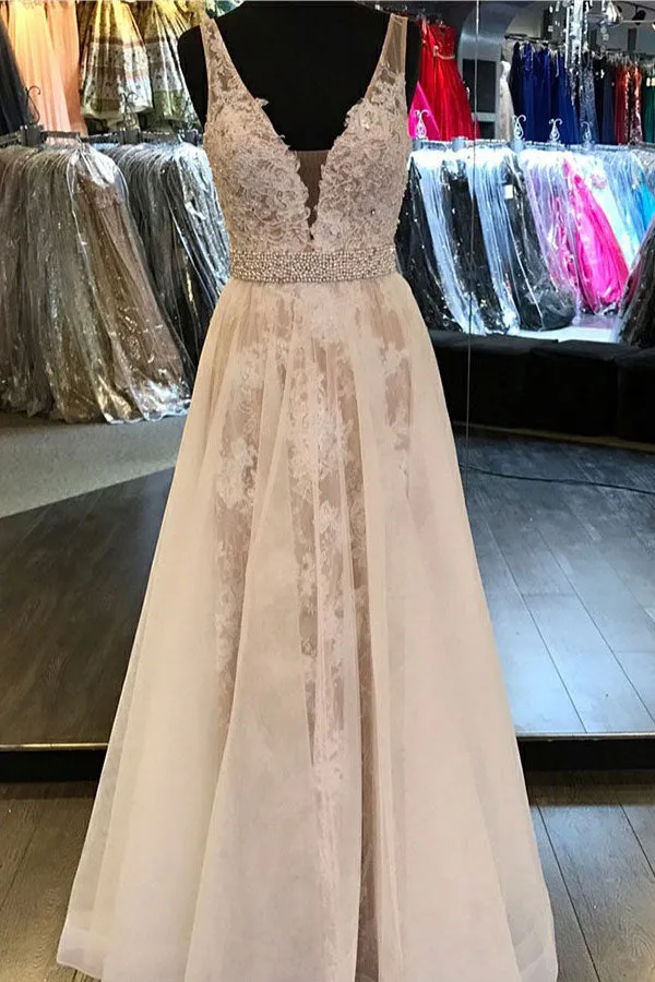 A-Line Deep V-Neck Floor-Length White Tulle Backless Prom Dress with Appliques Lace LRA134