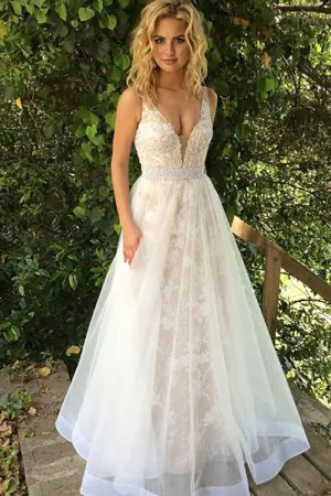 A-Line Deep V-Neck Floor-Length White Tulle Backless Prom Dress with Appliques Lace LRA134