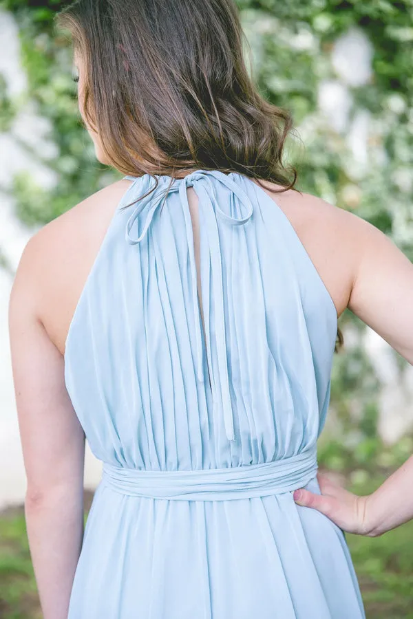 A-Line Jewel Floor-Length High Split Blue Chiffon Sleeveless Bridesmaid Dress AHC649