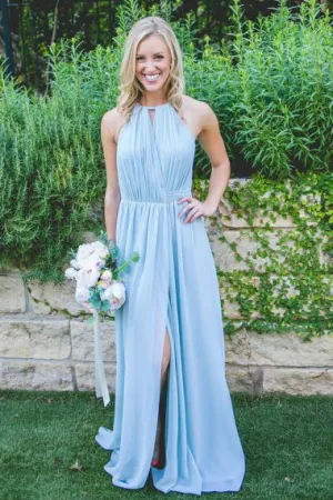 A-Line Jewel Floor-Length High Split Blue Chiffon Sleeveless Bridesmaid Dress AHC649