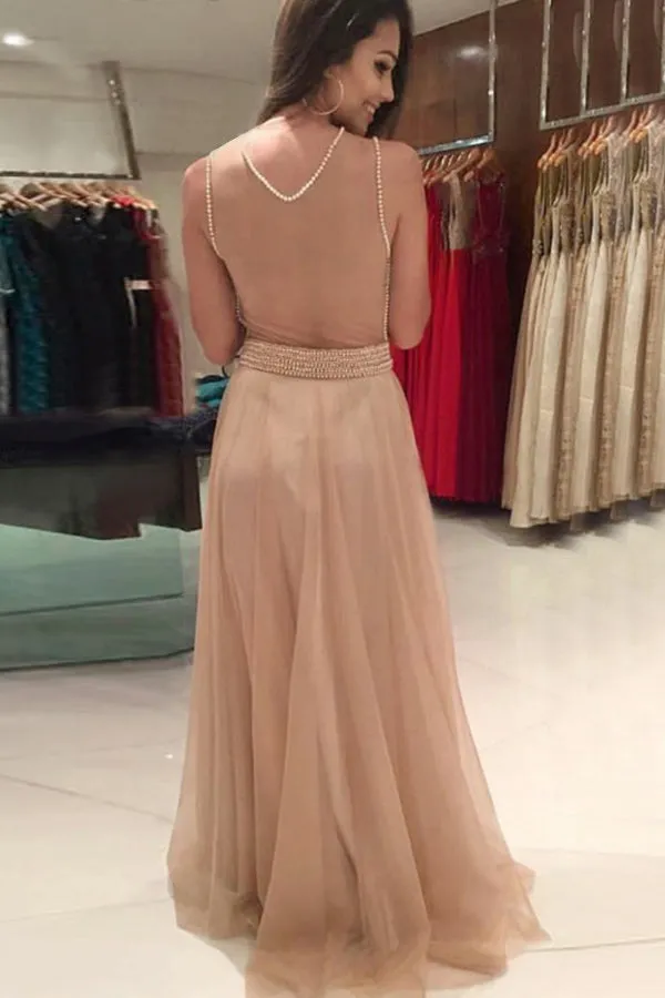A-Line Jewel Sweep Train Champagne Tulle Prom Dress with Beading LRA473