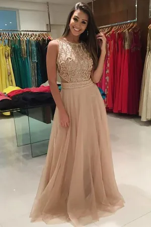 A-Line Jewel Sweep Train Champagne Tulle Prom Dress with Beading LRA473