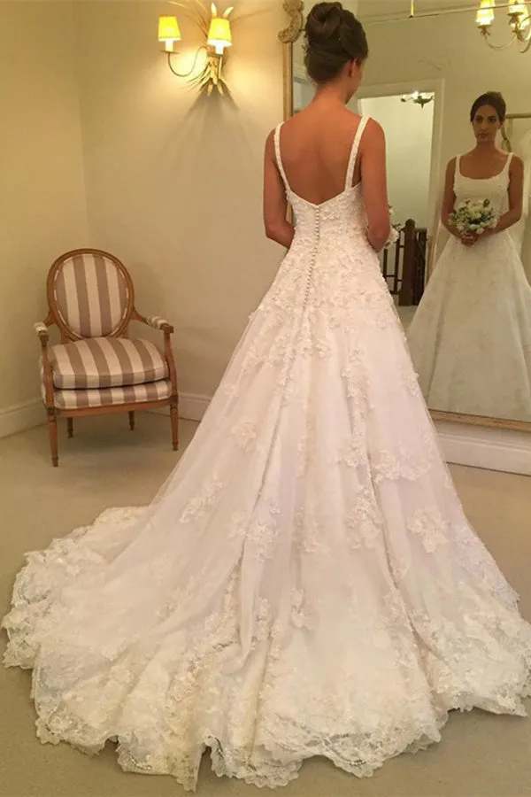 A-Line Scoop Sweep Train White Tulle Sleeveless Wedding Dress with Appliques AHC573