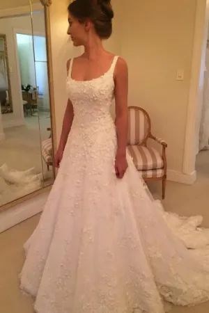 A-Line Scoop Sweep Train White Tulle Sleeveless Wedding Dress with Appliques AHC573