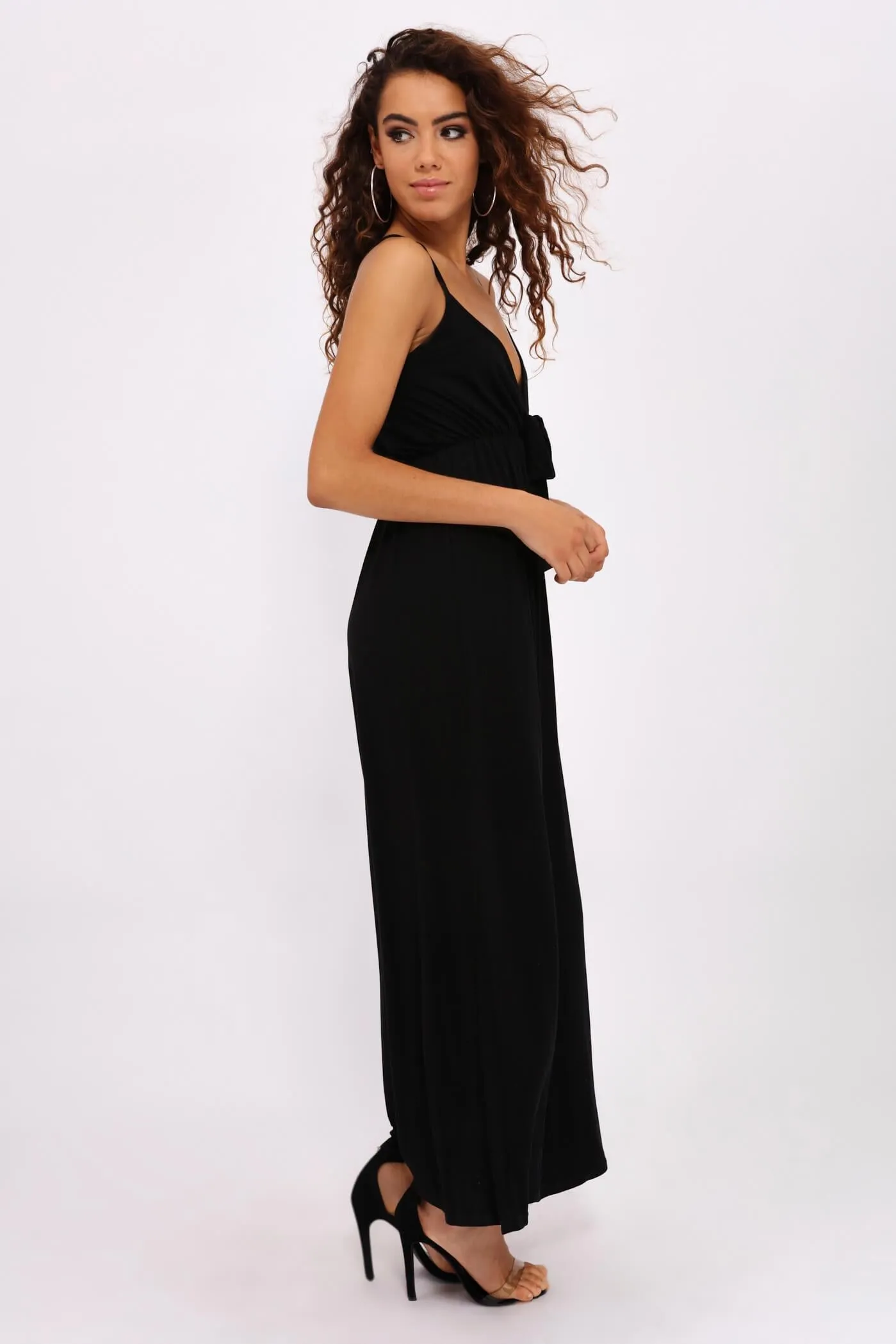 Black Plunge Front Wide Leg Jumpsuit With Knot Front