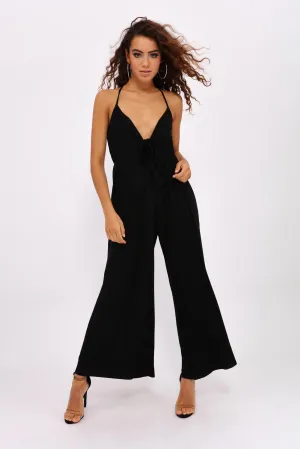 Black Plunge Front Wide Leg Jumpsuit With Knot Front