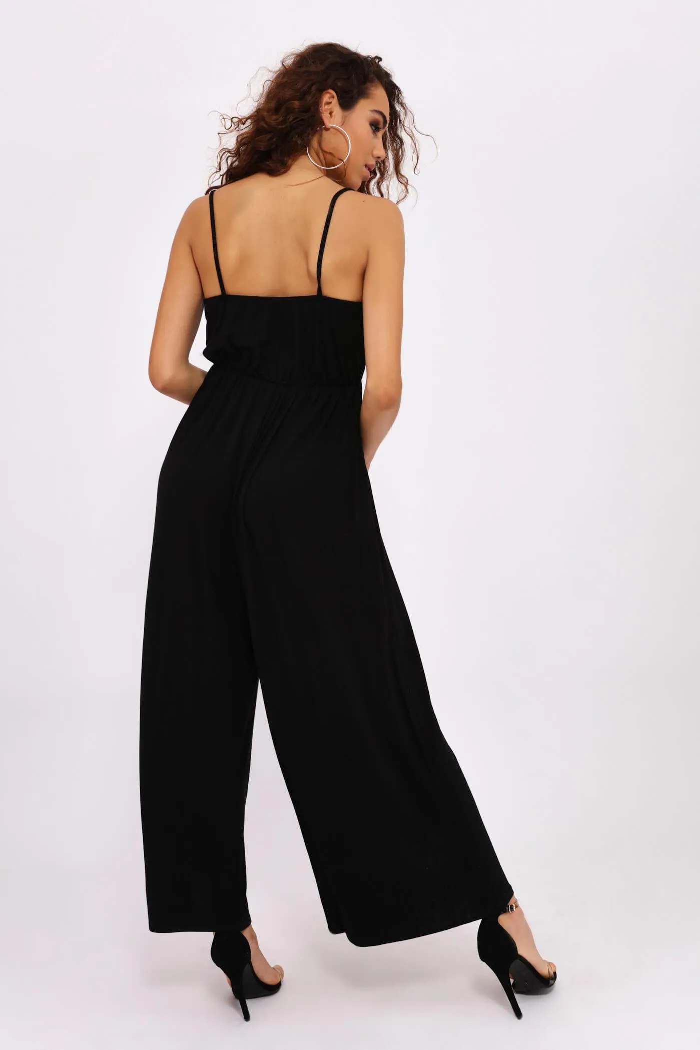 Black Plunge Front Wide Leg Jumpsuit With Knot Front