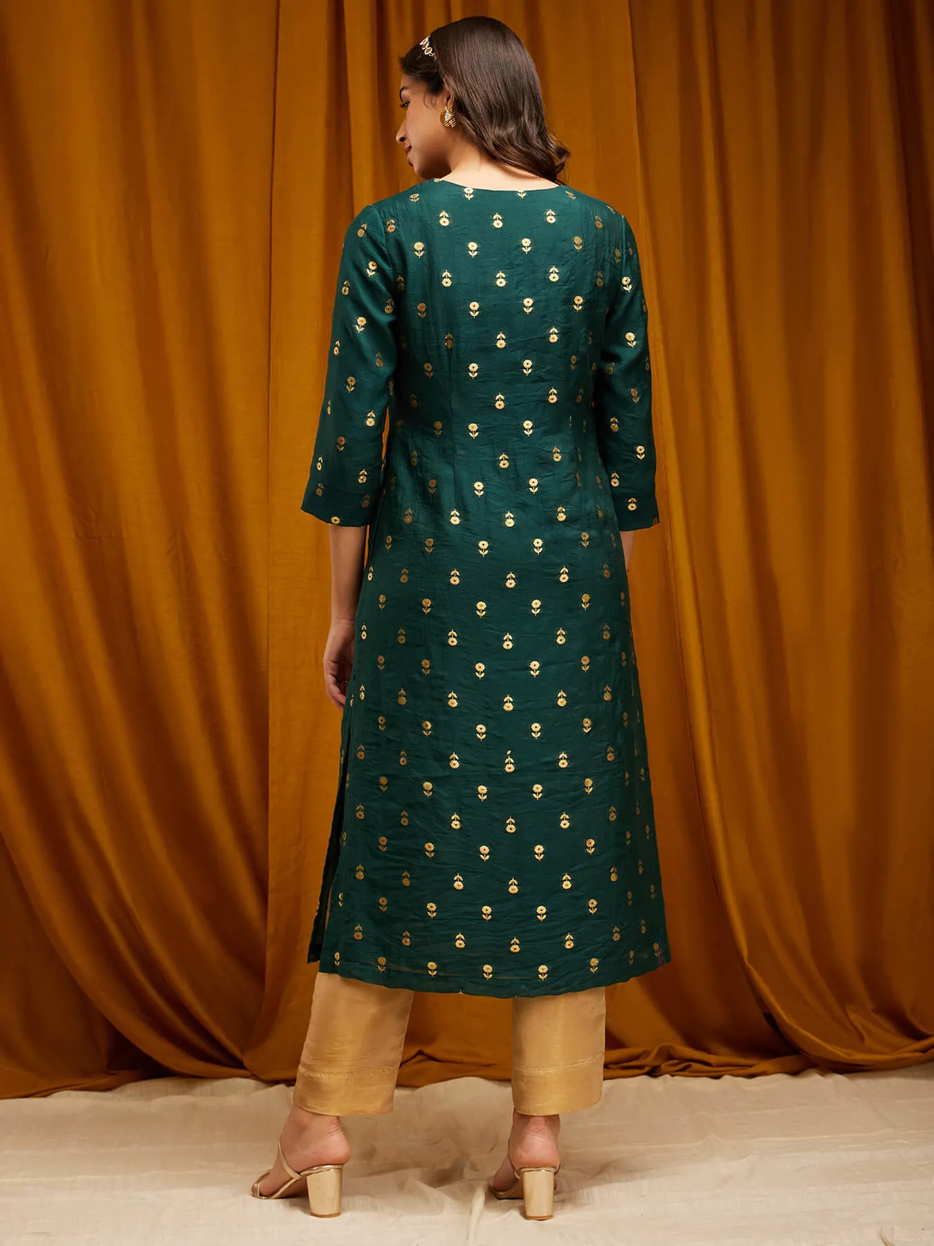 Chanderi Brocade Round Neck Kurta - Green