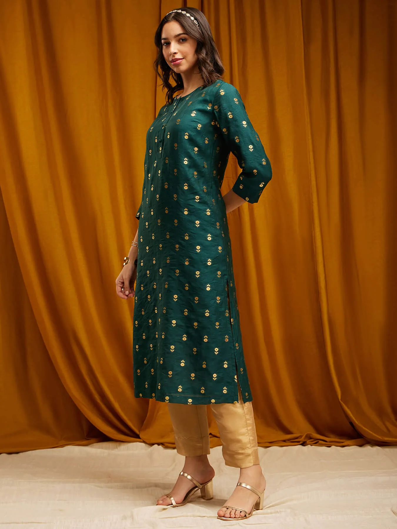 Chanderi Brocade Round Neck Kurta - Green