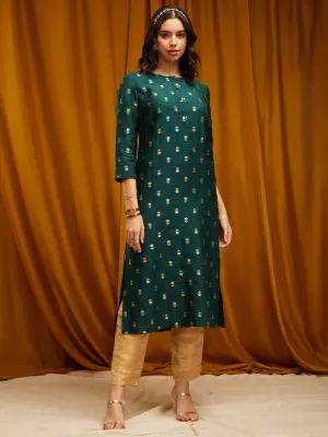 Chanderi Brocade Round Neck Kurta - Green