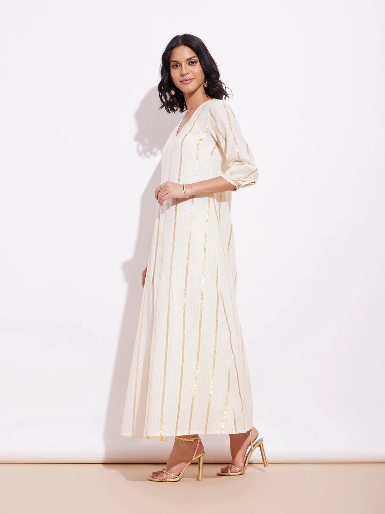 Cotton Lurex Gold Striped Dress - Off-White