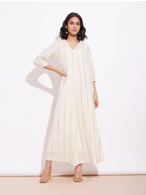 Cotton Lurex Gold Striped Dress - Off-White