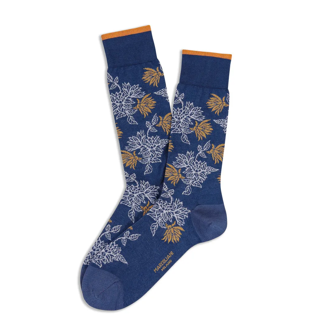 Dark Blue Denim Fresh of Modal Punjab Flower Mid-Calf Socks - Marcoliani
