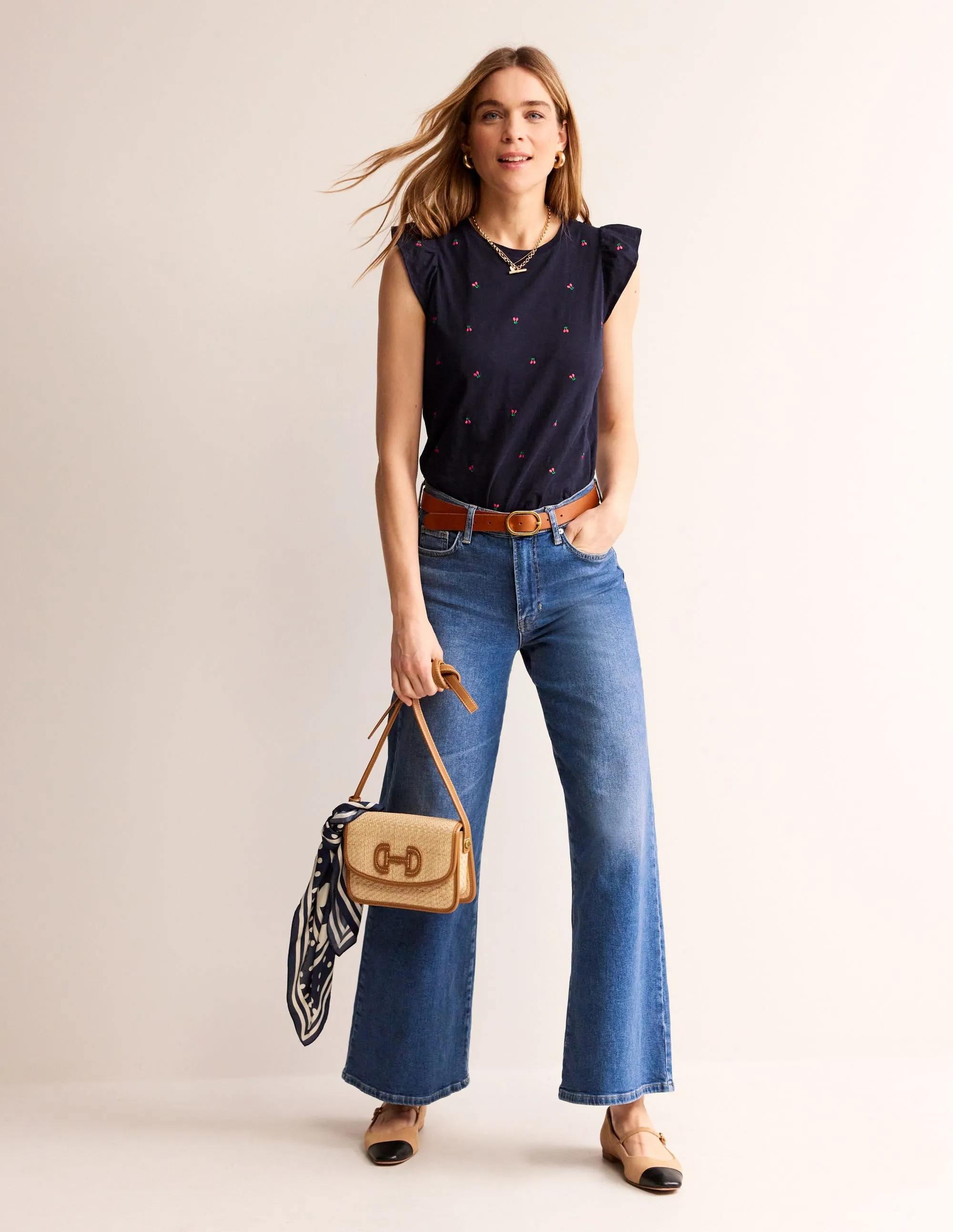 Dora Flutter Sleeve Top-Navy, Cherries