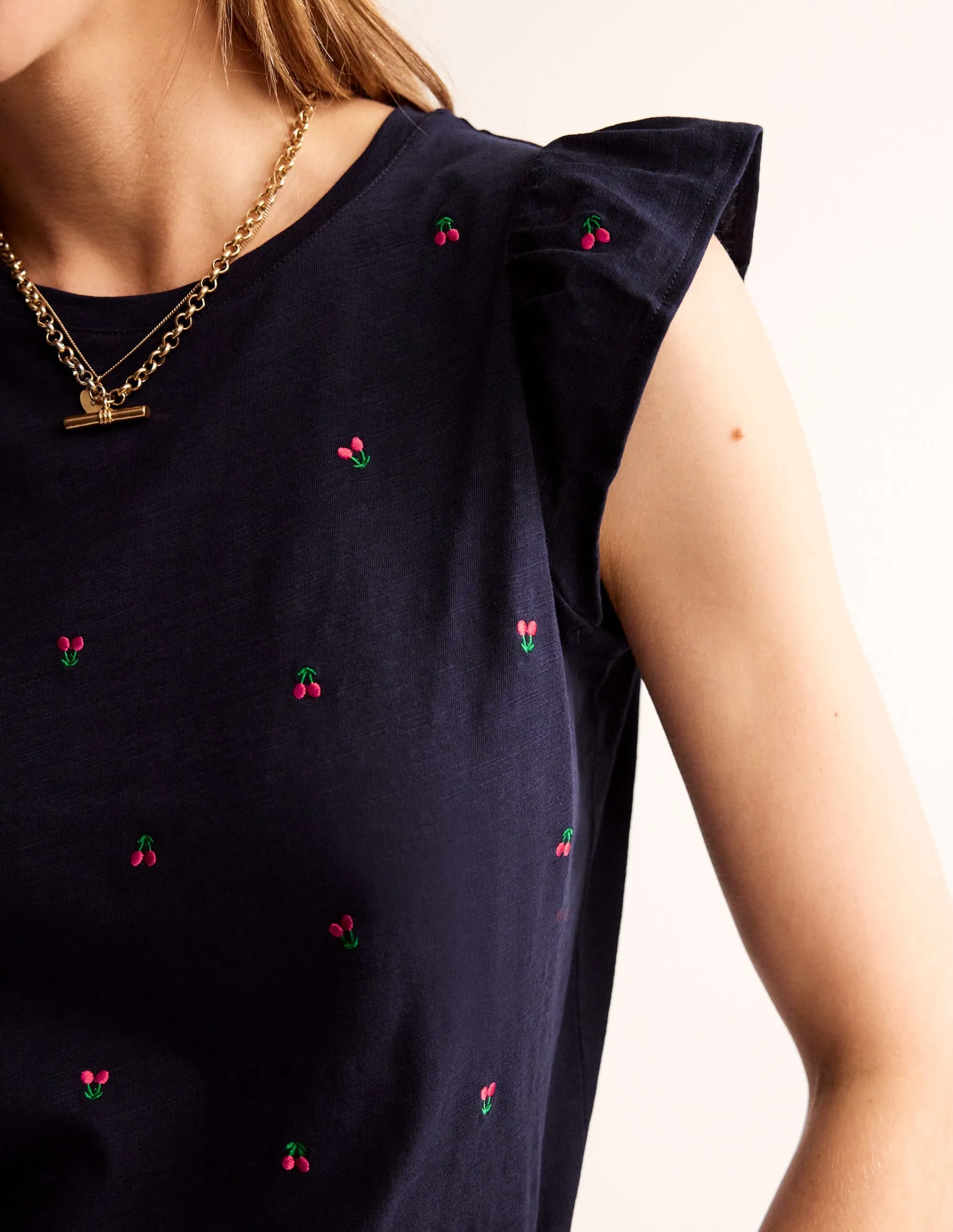 Dora Flutter Sleeve Top-Navy, Cherries