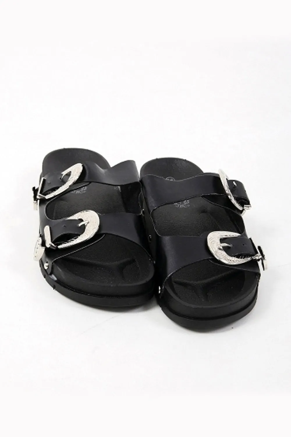 Double Buckle Black Western Sliders