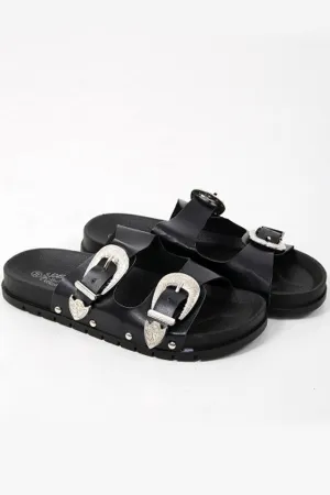 Double Buckle Black Western Sliders