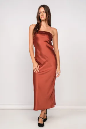 Irene Rust Satin Strapless Maxi Dress