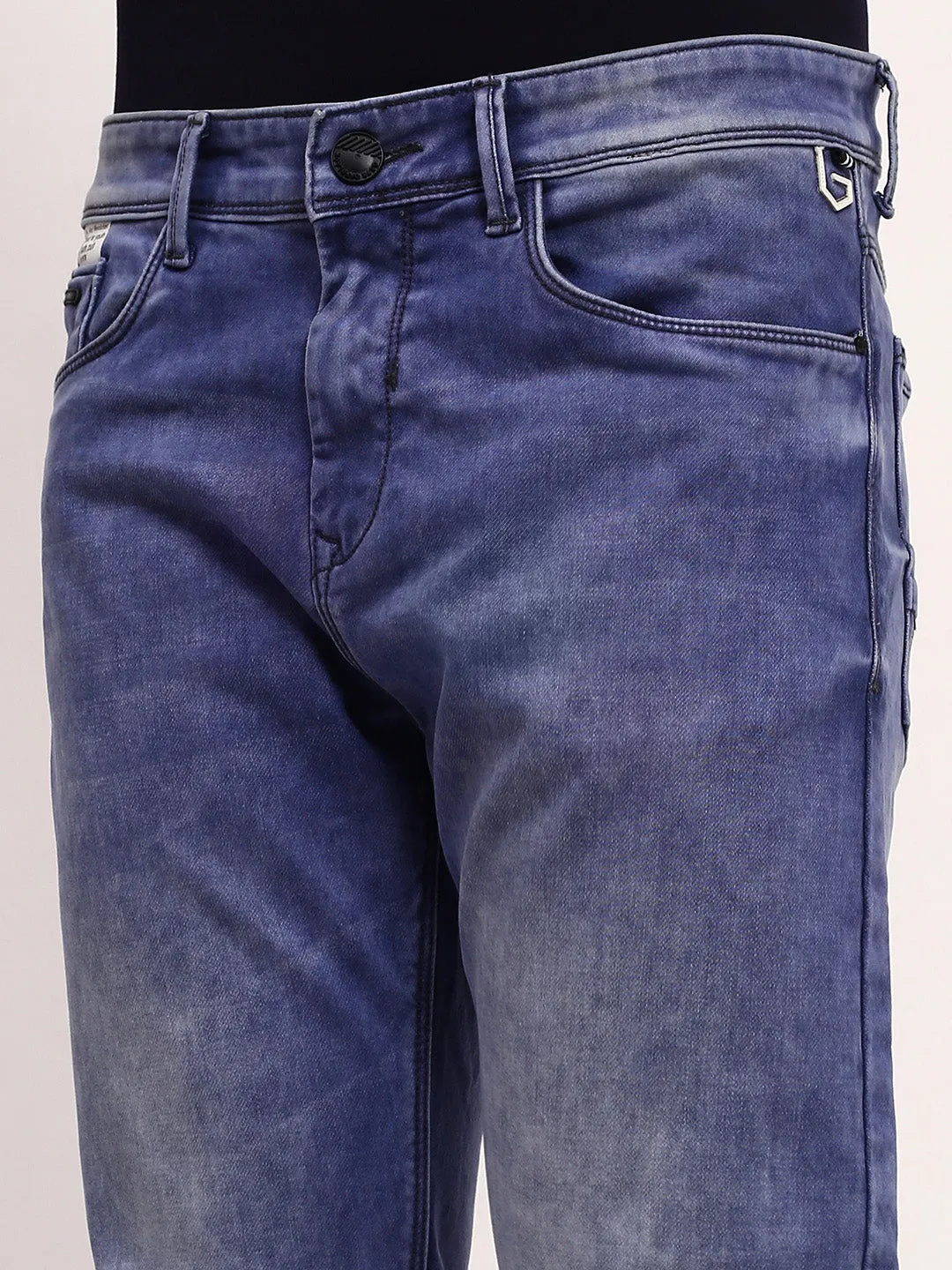 Men Blue Solid Straight Fit Low-Rise Heavy Fade Acid Wash Stretchable Jeans
