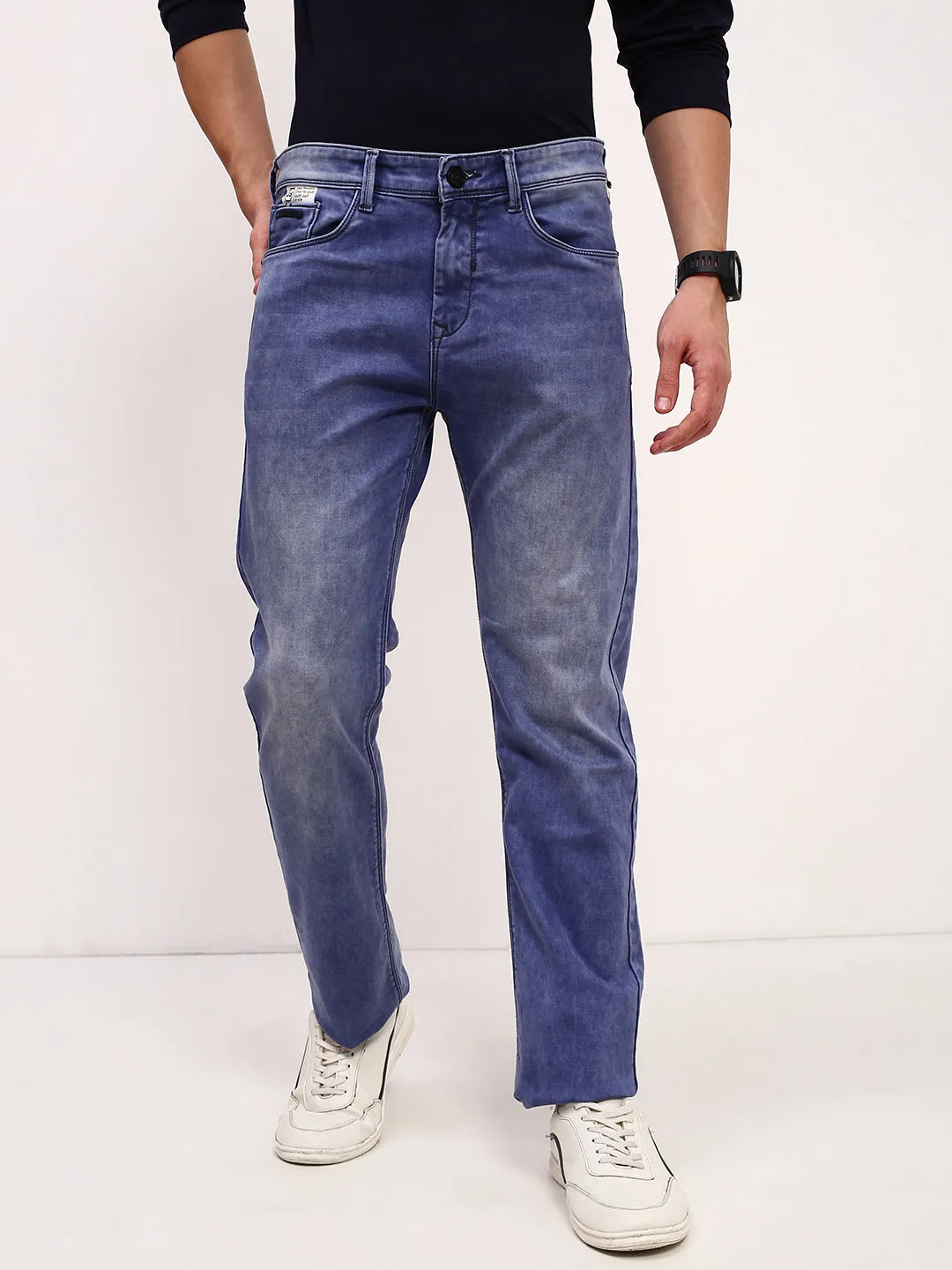 Men Blue Solid Straight Fit Low-Rise Heavy Fade Acid Wash Stretchable Jeans