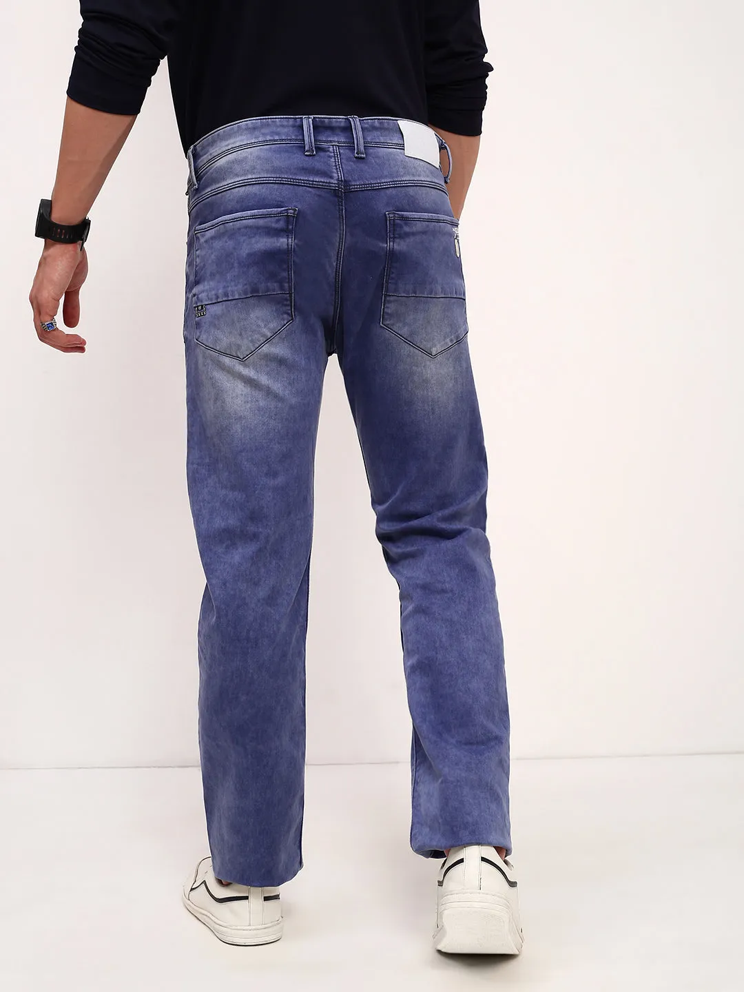 Men Blue Solid Straight Fit Low-Rise Heavy Fade Acid Wash Stretchable Jeans