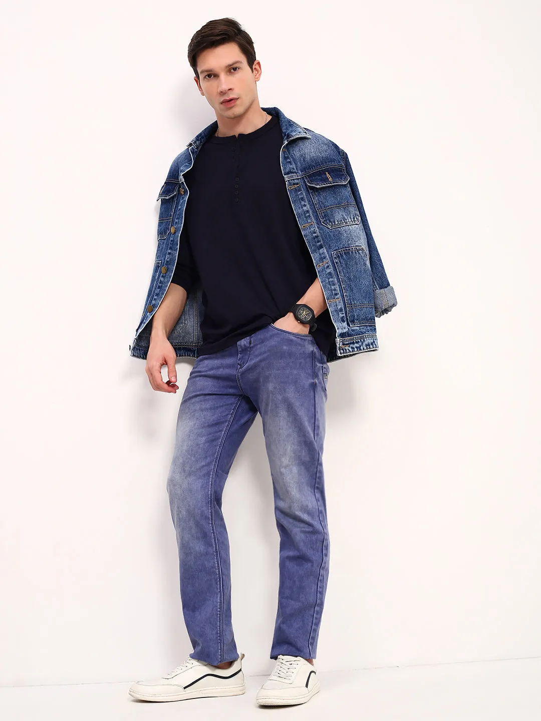 Men Blue Solid Straight Fit Low-Rise Heavy Fade Acid Wash Stretchable Jeans