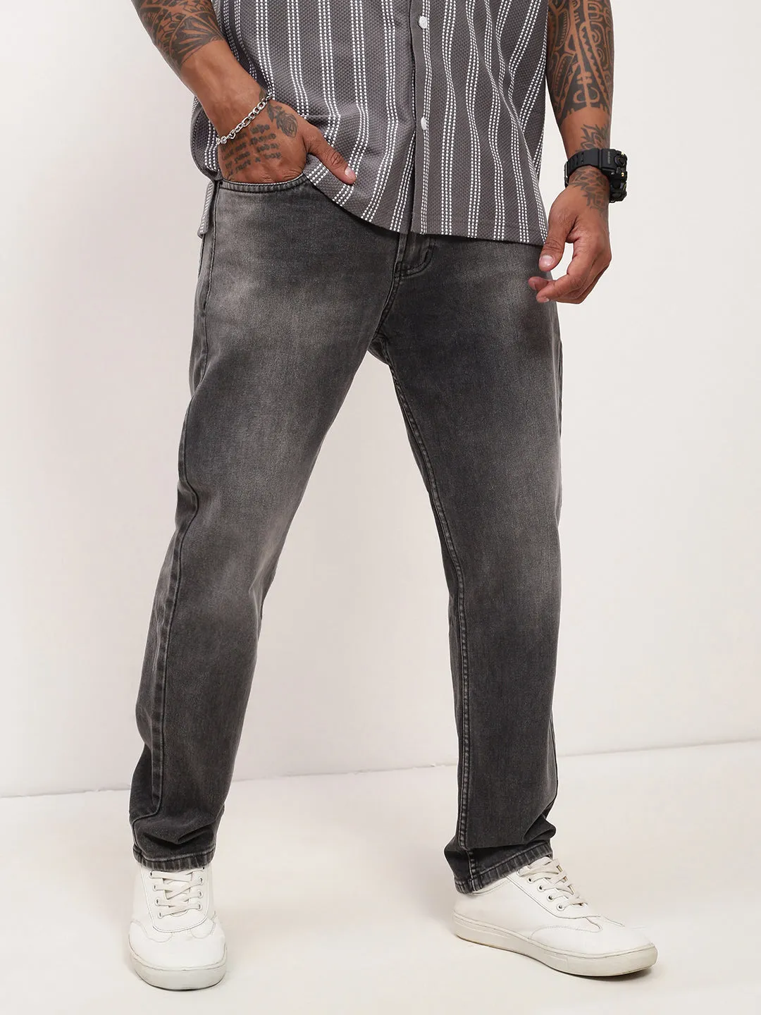 Men Grey Solid Straight Fit Stretchable Jeans