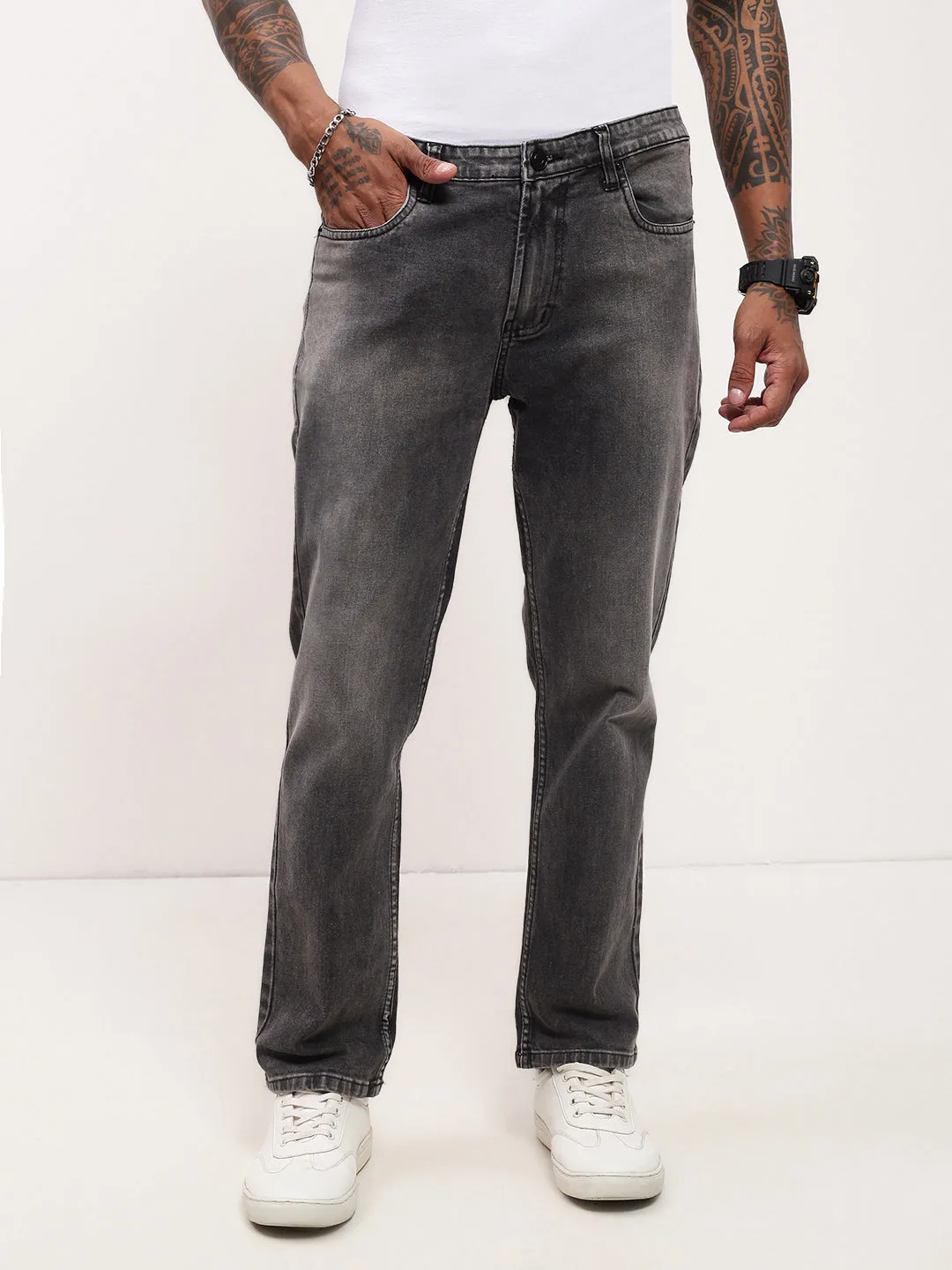 Men Grey Solid Straight Fit Stretchable Jeans