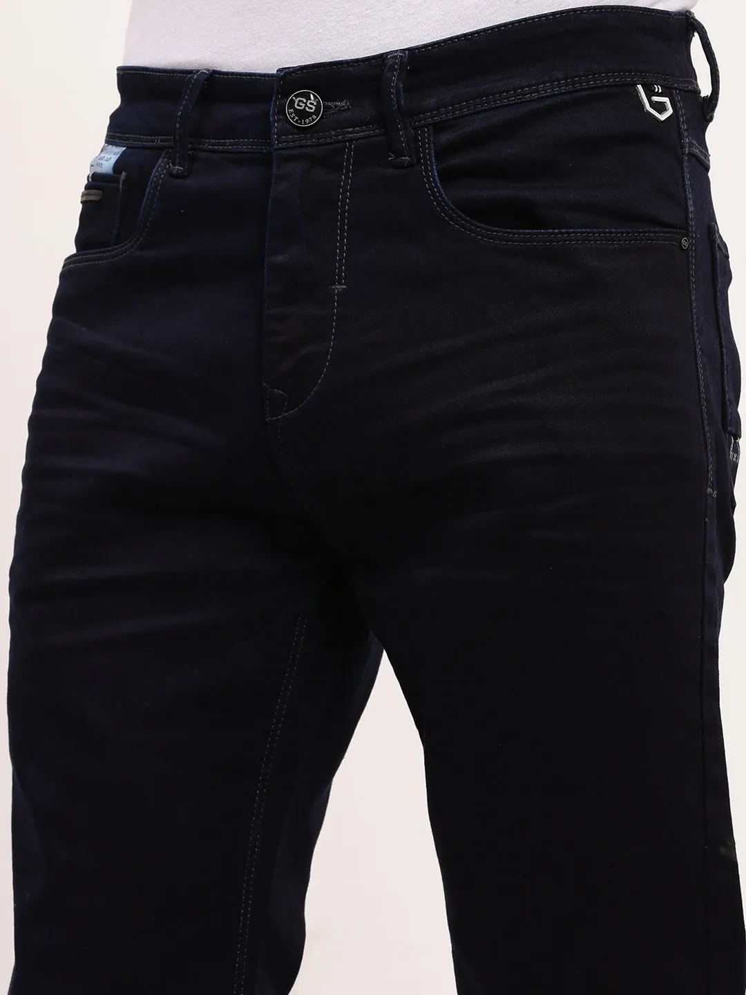 Men Navy Blue Comfort Straight Fit Low-Rise Acid Wash Stretchable Jeans