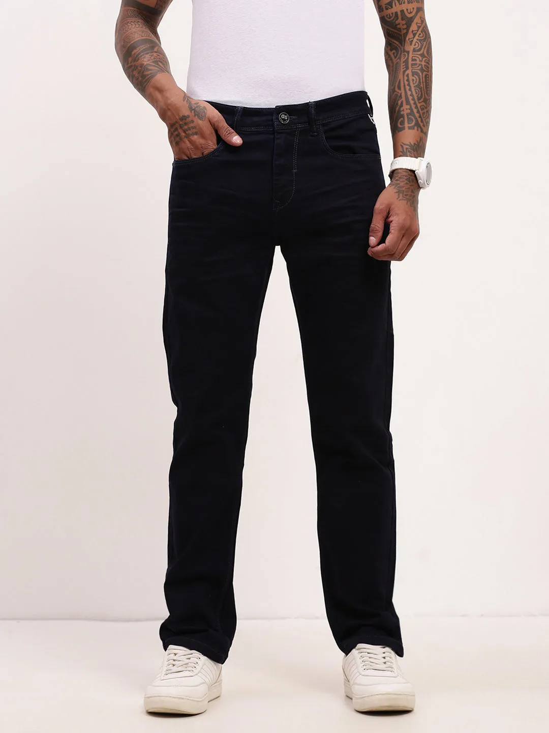 Men Navy Blue Comfort Straight Fit Low-Rise Acid Wash Stretchable Jeans