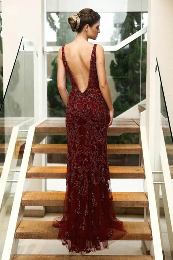 Mermaid Deep V-Neck Floor-Length Burgundy Tulle Backless Prom Dress with Beading LRA198