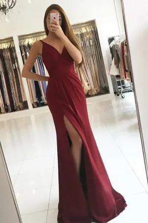 Mermaid Deep V-Neck Sweep Train Split Burgundy Backless Chiffon Prom Dress LR403