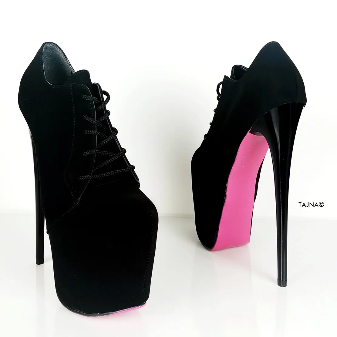 Pink Soles Black Lace Up Oxford Heels