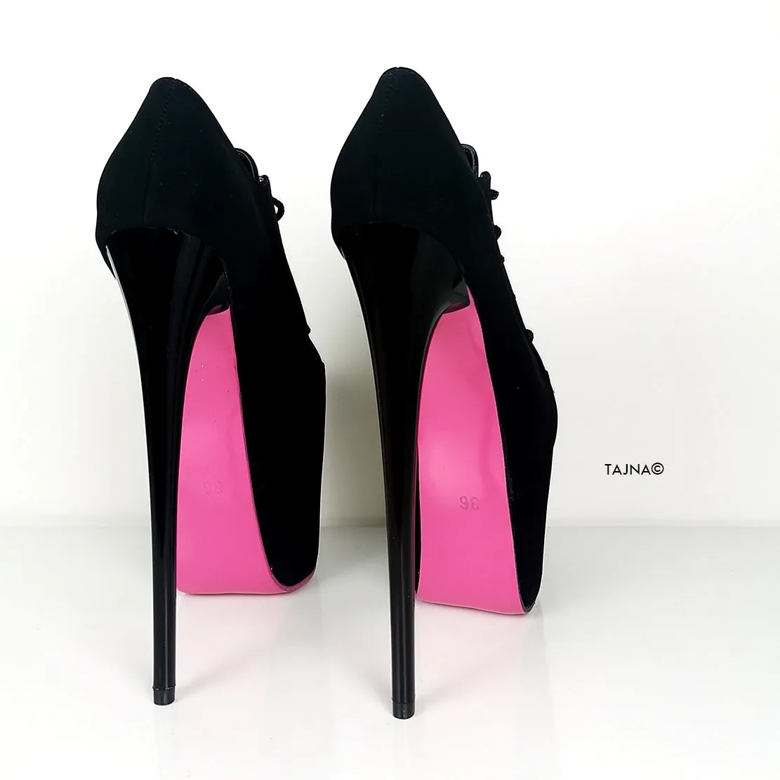 Pink Soles Black Lace Up Oxford Heels
