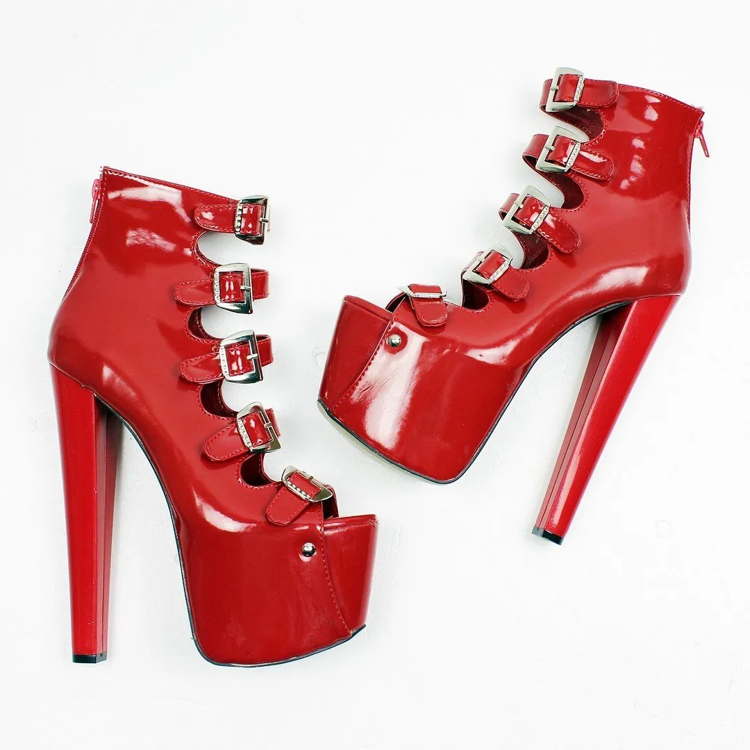 Red Patent Multi Belted Ankle High Heels