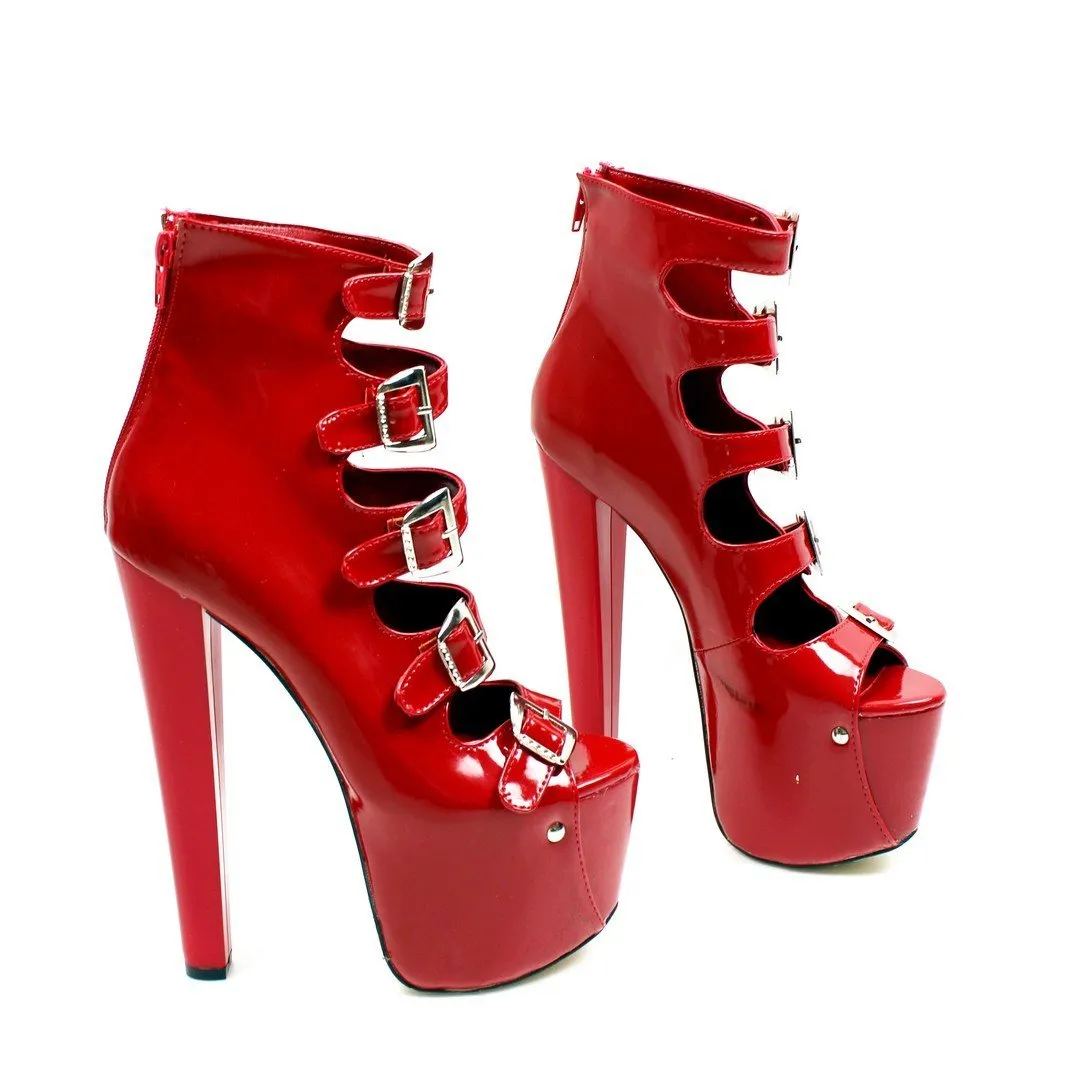 Red Patent Multi Belted Ankle High Heels