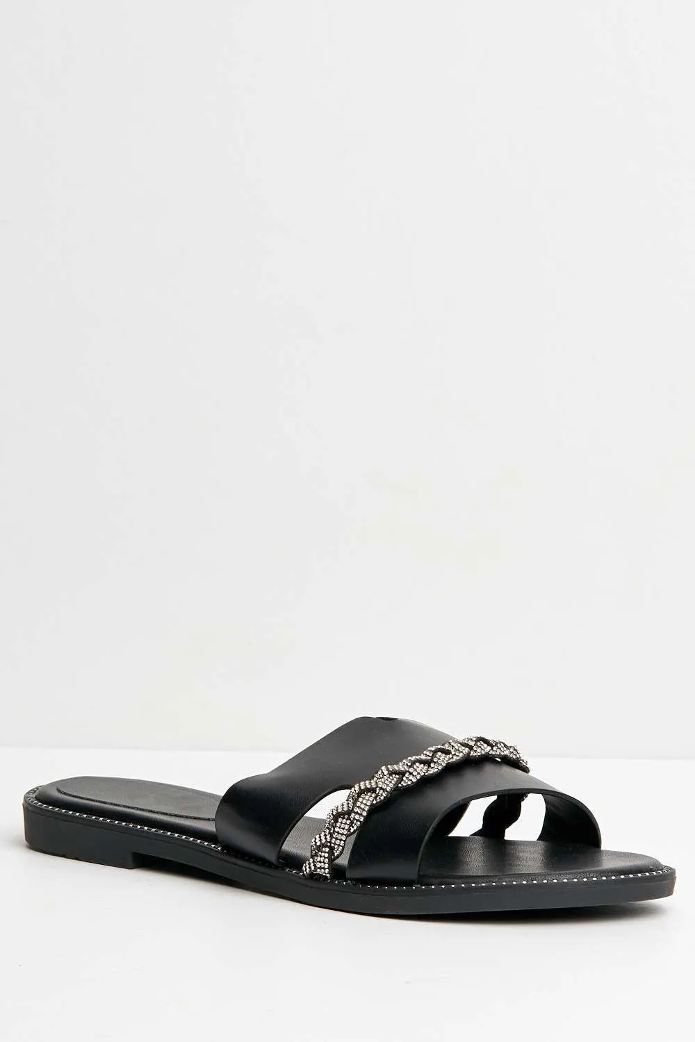 Shaz Diamante Embellished Sliders in Black