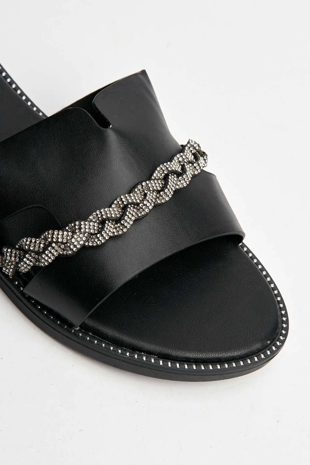 Shaz Diamante Embellished Sliders in Black