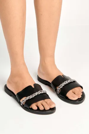 Shaz Diamante Embellished Sliders in Black