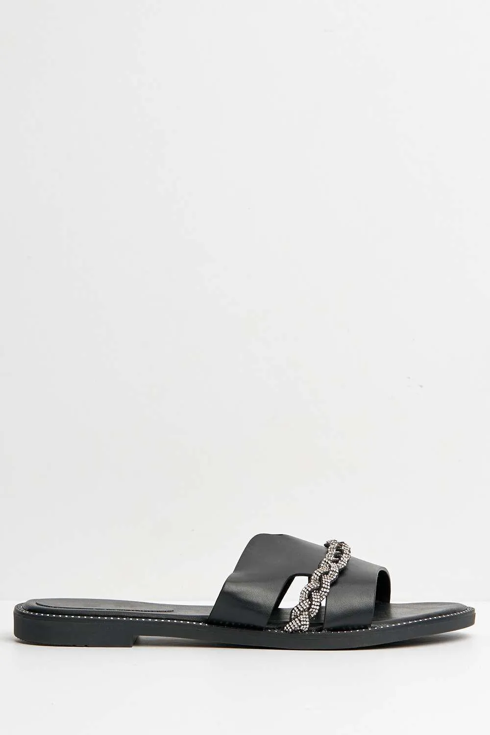 Shaz Diamante Embellished Sliders in Black