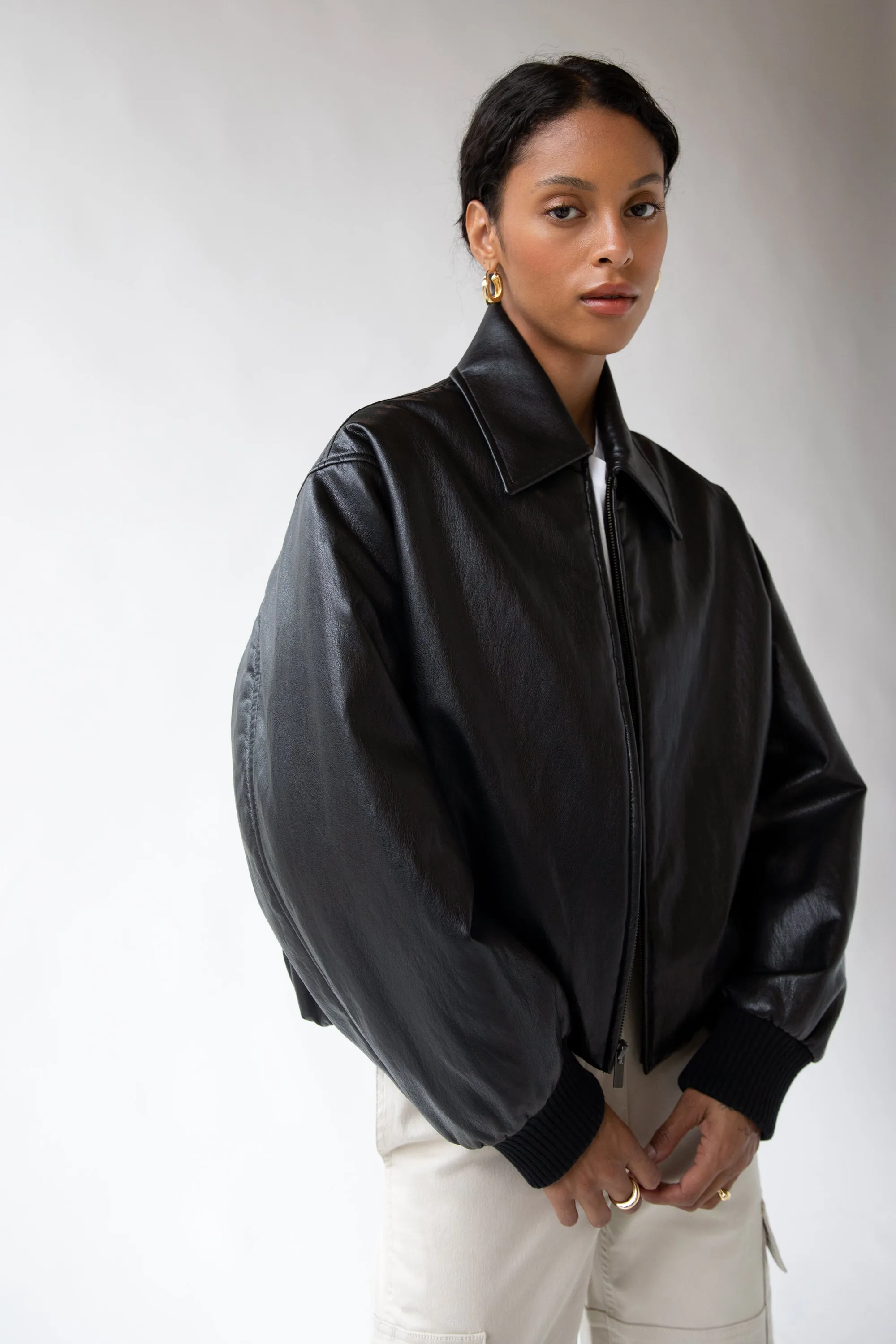 VEGAN LEATHER BUBBLE HEM BOMBER JACKET