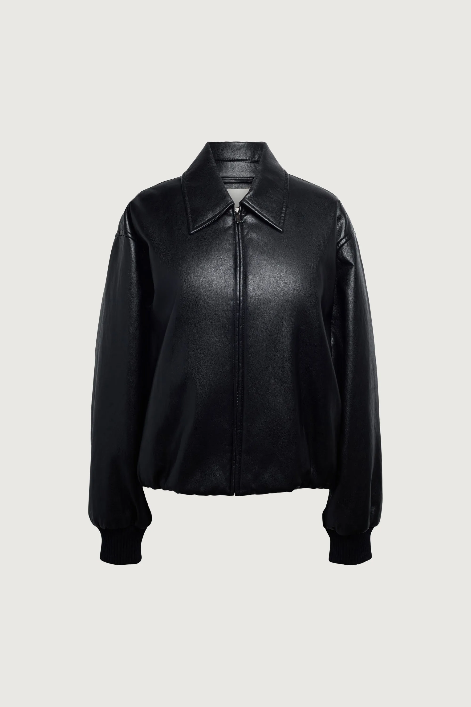 VEGAN LEATHER BUBBLE HEM BOMBER JACKET